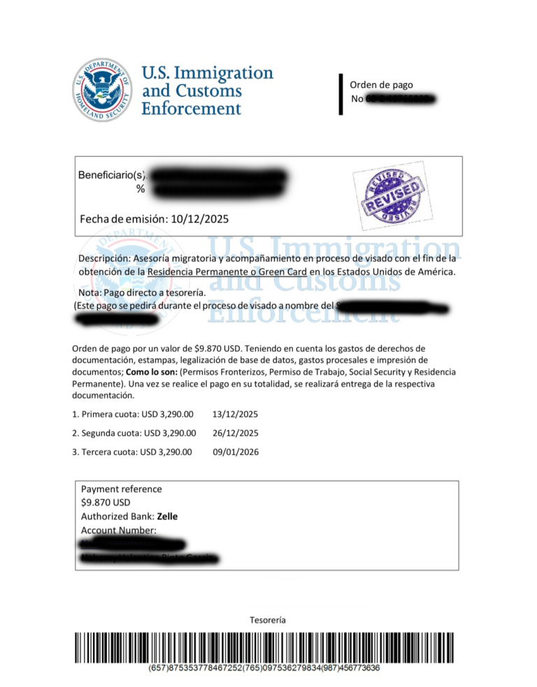 a redacted image of a fake letter from USCIS